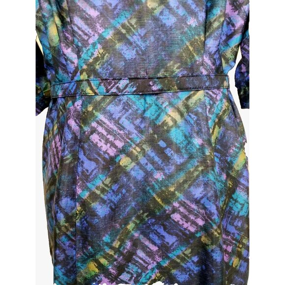 Vintage Wiggle Dress Sz 16 Belted Pin Up Brutalist Peacock Blue Jeweled Collar - Picture 10 of 16